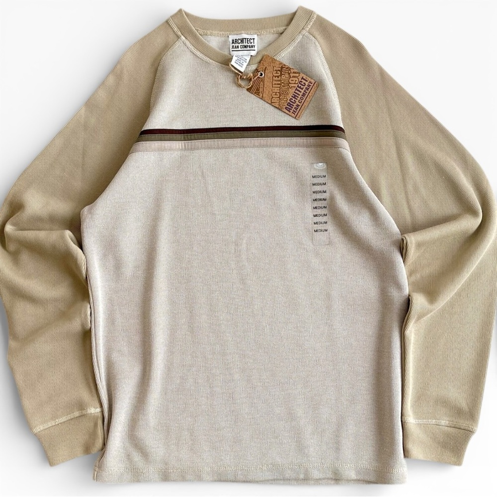 NWT Architect Jean Co Tan Khaki Tone Ribbed Striped Long Sleeve Shirt M